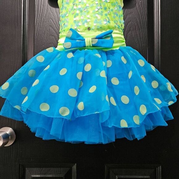 Weissman NWOT child small dance costume jazz tap solo blue green polka dots - Picture 6 of 6